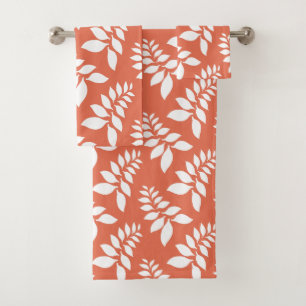Orange with white leaves bath towel set