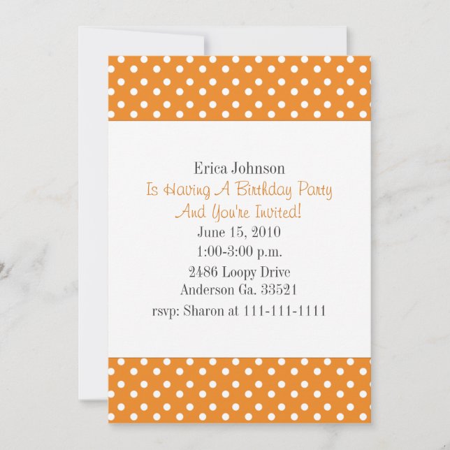 Orange with White Polka Dot Print Party Invitation (Front)