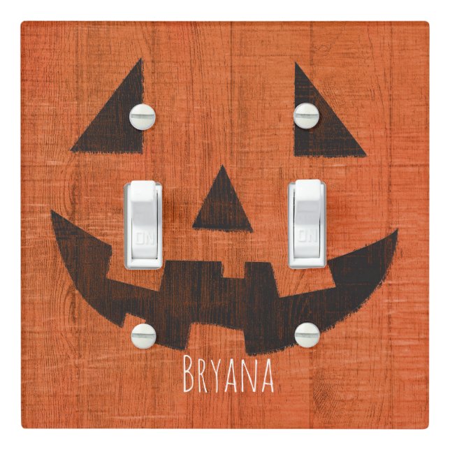 Orange Wooden Pumpkin Rustic Halloween Light Switch Cover (In Situ)