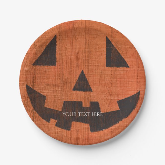 Orange Wooden Pumpkin Rustic Halloween Paper Plates (Front)