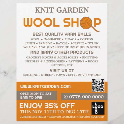 Orange Wool Shop Logo Knitting Store Yarn Store Flyer