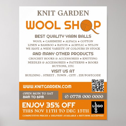 Orange Wool Shop Logo Knitting Store Yarn Store Poster