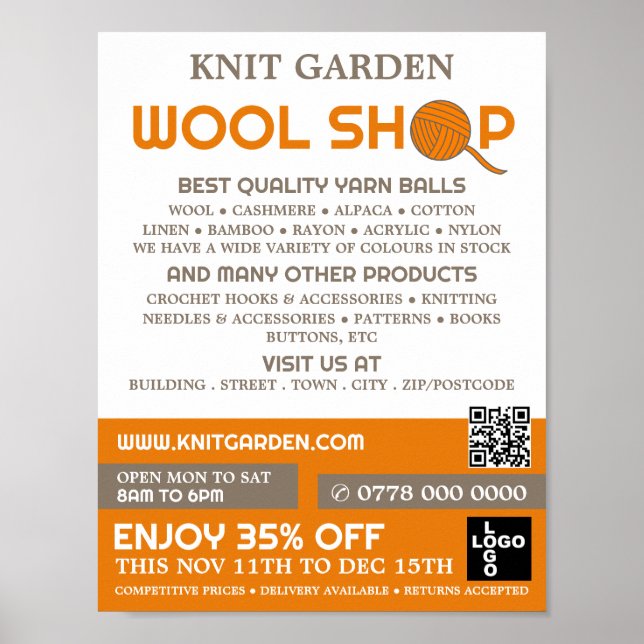 Orange Wool Shop Logo, Knitting Store, Yarn Store Poster (Front)