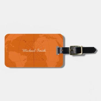 Orange World Map With Compass Rose Monogram Luggage Tag by MagnificentMonograms at Zazzle