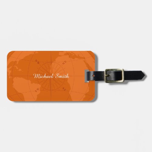 Orange World Map with Compass Rose Monogram Luggage Tag