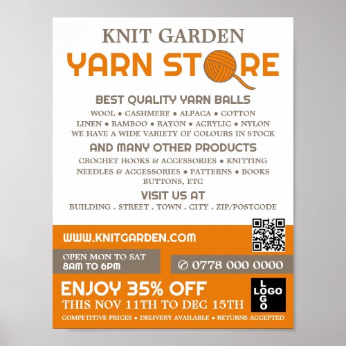 Orange Yarn Store Logo Knitting Store Yarn Store Poster