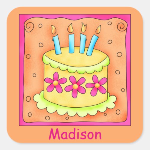 Orange Yellow 4th Birthday Cake Name Personalize Square Sticker
