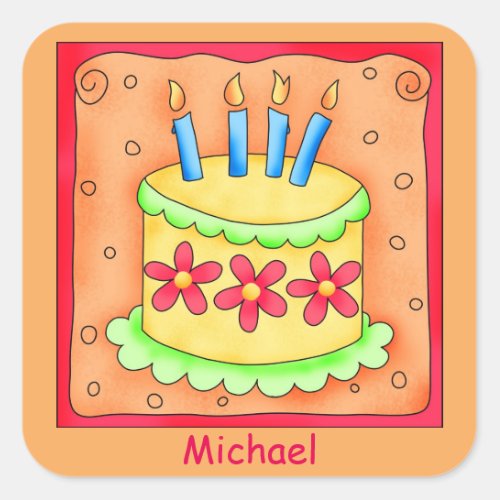 Orange Yellow 4th Birthday Cake Name Personalized Square Sticker