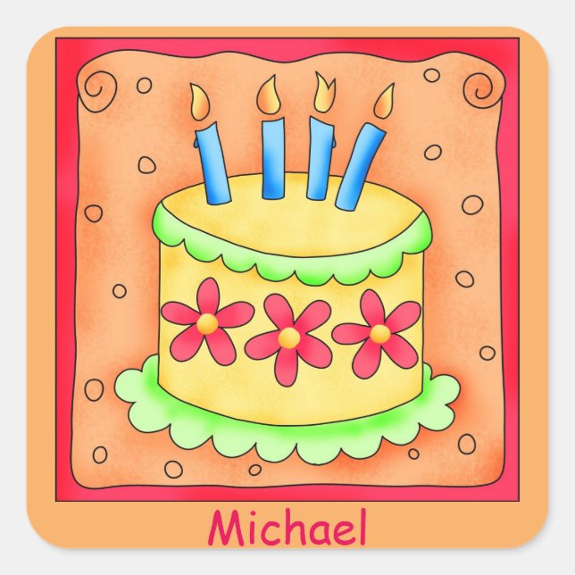 Orange Yellow 4th Birthday Cake Name Personalized Square Sticker (Front)