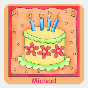 Orange Yellow 4th Birthday Cake Name Personalized Square Sticker
