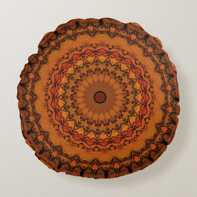 Orange, Yellow and Black Mandala Round Pillow (Front)