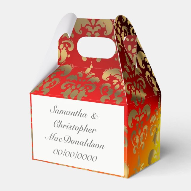 Orange yellow and gold damask wedding favor boxes (Back Side)