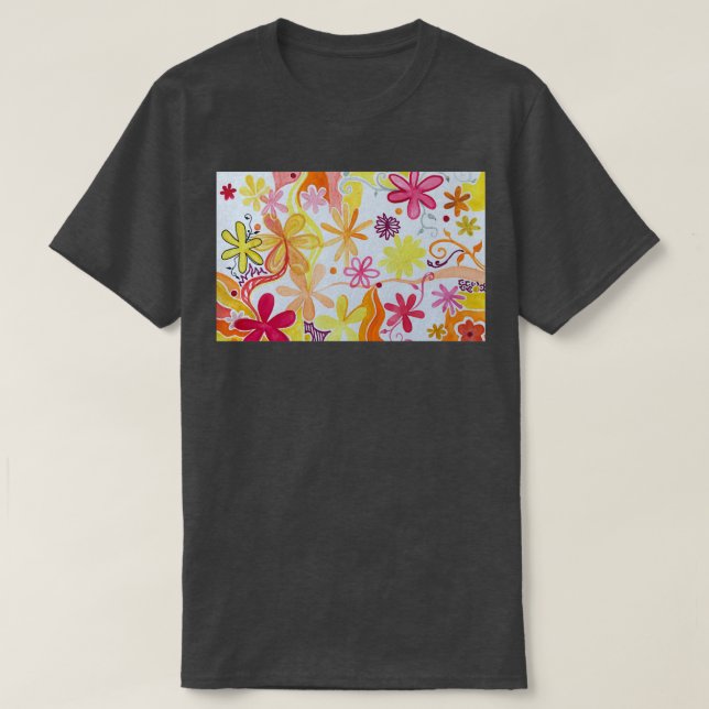 Orange Yellow and Red Painted Flowers Pattern T-Shirt (Design Front)