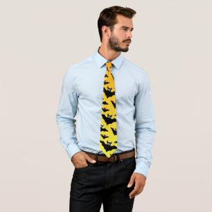 Orange yellow black bats Halloween pattern Neck Tie