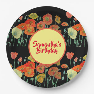 Orange Yellow Black Poppy Poppies Flower Birthday Paper Plates