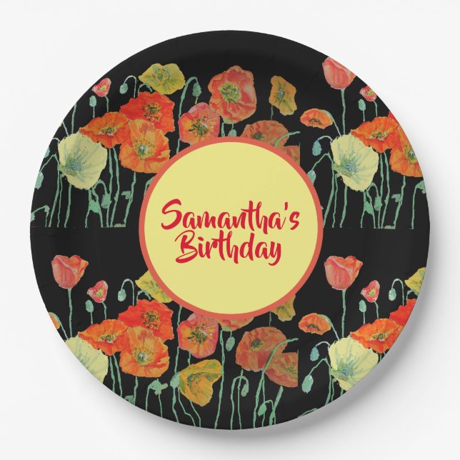Orange Yellow Black Poppy Poppies Flower Birthday Paper Plates (Front)