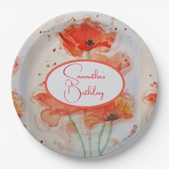 Orange Yellow Black Poppy Poppies Flower Birthday Paper Plates (Front)