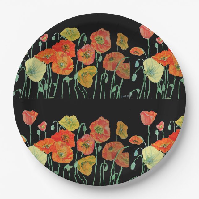 Orange Yellow Black Poppy Poppies Flower Floral Paper Plates (Front)