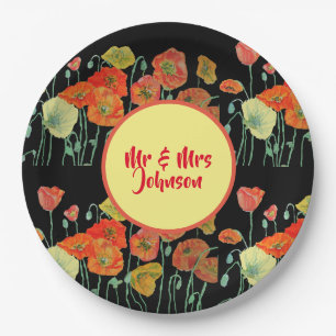 Orange Yellow Black Poppy Poppies Flower Wedding  Paper Plates