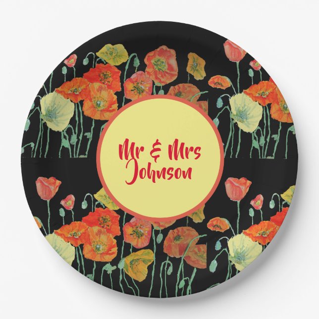 Orange Yellow Black Poppy Poppies Flower Wedding  Paper Plates (Front)