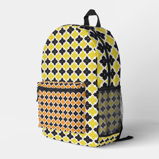 ORANGE YELLOW BLACK WHITE DIAMOND FLORAL PATTERNS PRINTED BACKPACK (Back Corner Right)