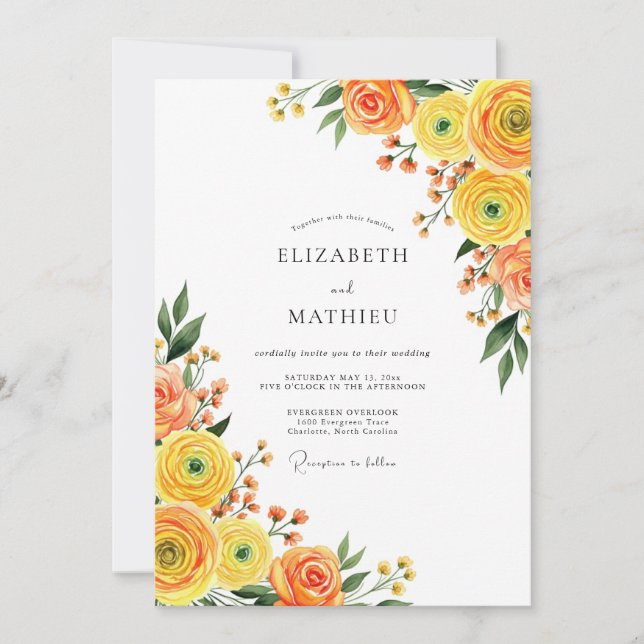 Orange Yellow Bloom Romance Wedding Invitation (Front)