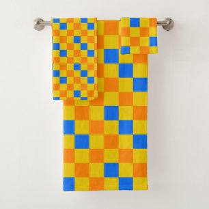 Orange Yellow Blue Checkered Pattern Design Bath Towel Set