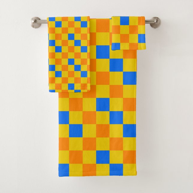 Orange Yellow Blue Checkered Pattern Design  Bath Towel Set (Insitu)
