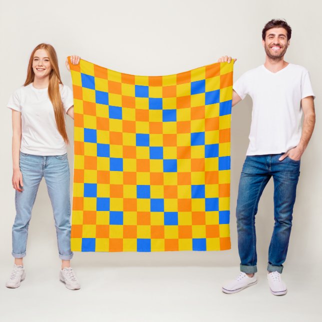 Orange Yellow Blue Checkered Pattern Design  Fleece Blanket (In Situ)