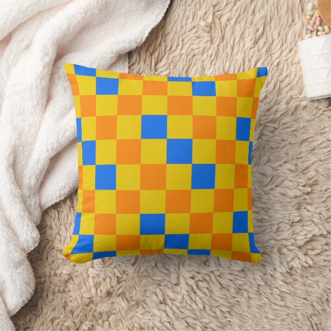 Orange Yellow Blue Checkered Pattern Design  Throw Pillow (Blanket)