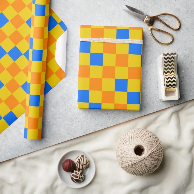 Orange Yellow Blue Checkered Pattern Design  Wrapping Paper (Crafts)