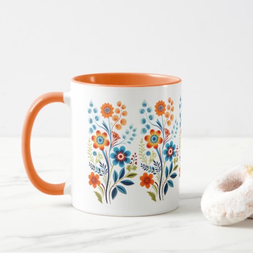 Orange Yellow Blue Green Retro Vintage Floral  Mug