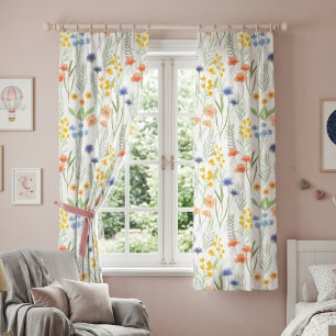 Orange Yellow Blue Watercolor Wildflower Blackout Curtains