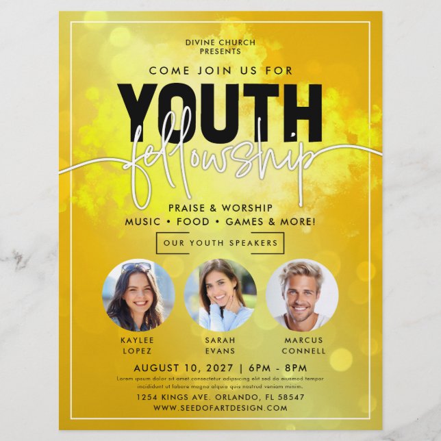 Orange Yellow Bokeh Youth Fellowship Church Flyer (Front)