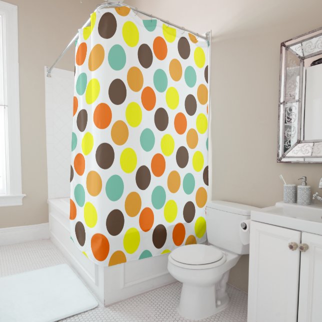 Orange, Yellow, Brown, Blue Dots  Shower Curtain (In Situ)