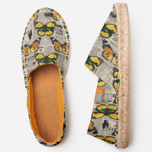 Orange Yellow Butterflies Vintage Newsprint Espadrilles