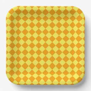 Orange Yellow Checker Diamond Pattern Paper Plates