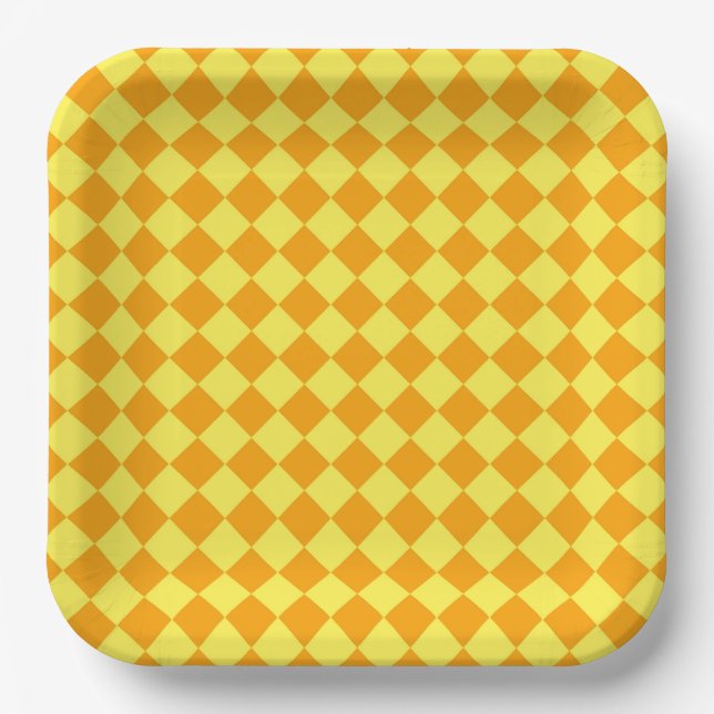 Orange Yellow Checker Diamond Pattern Paper Plates (Front)