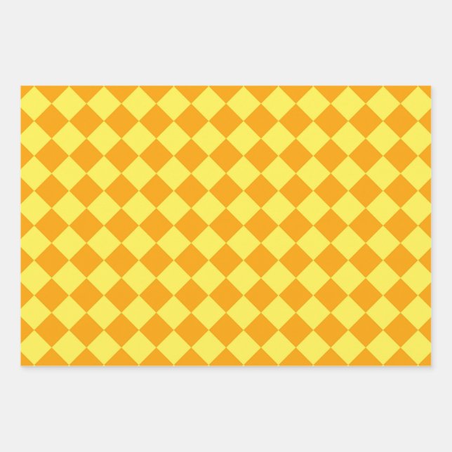 Orange Yellow Checker Diamond Pattern Wrapping Paper Sheets (Front)