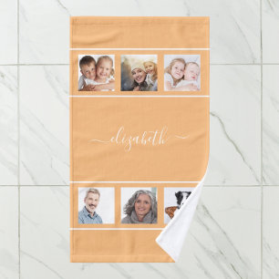 Orange yellow custom photo collage monogram script hand towel