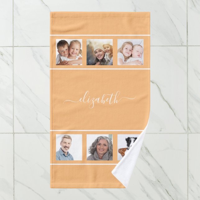 Orange yellow custom photo collage monogram script hand towel  (Creator Uploaded)
