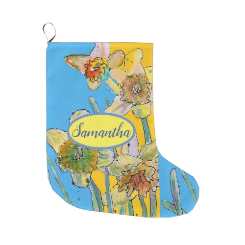 Orange Yellow Daffodil Floral Flowers Blue Large Christmas Stocking