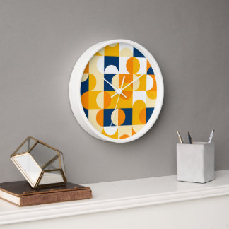 Orange Yellow Dark Navy Blue Retro Art Pattern Clock