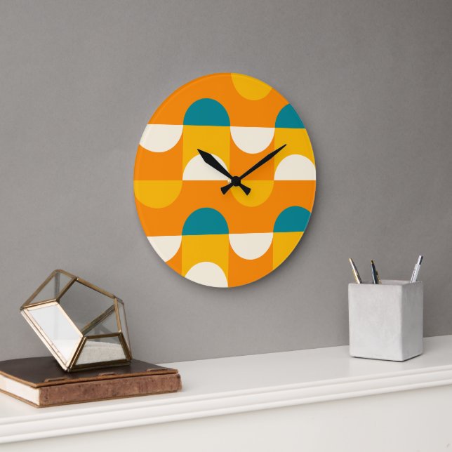 Orange Yellow Dark Teal Blue Green Retro Pattern Large Clock (Office)