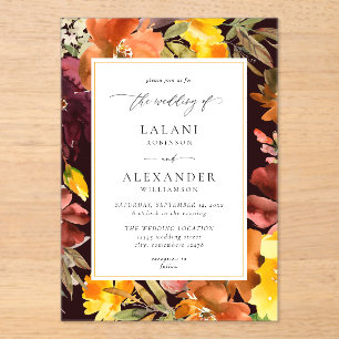Orange & Yellow Fall Floral Wedding -3 Burgundy Acrylic Invitations