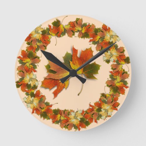 Orange & Yellow Fall Leaves Round Clock