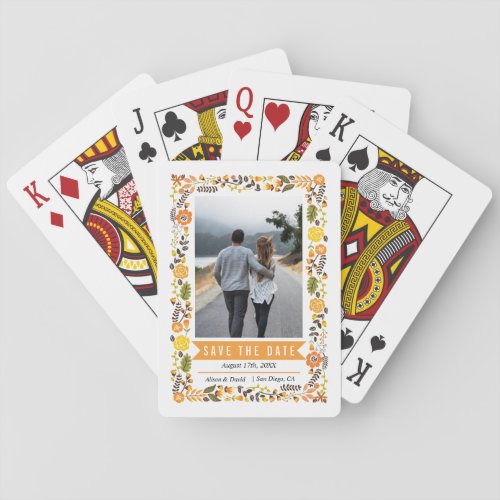 Orange yellow floral border wedding Save the Date Playing Cards