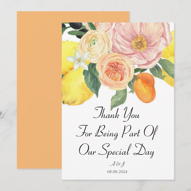 Orange yellow floral botanical wedding thank you invitation (Front/Back)