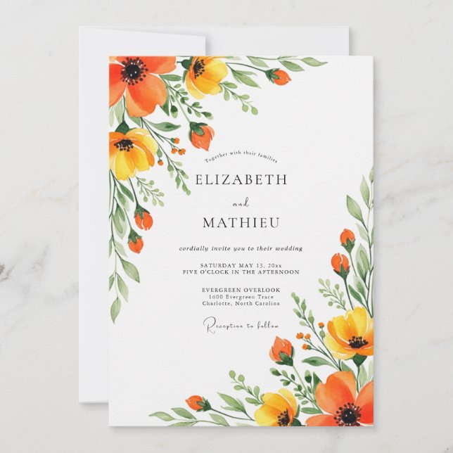 Orange Yellow Floral Flourish Wedding Invitation (Front)