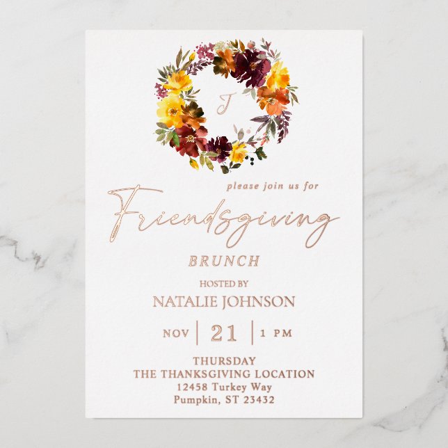 Orange & Yellow Floral Friendsgiving Wreath Foil Invitation (Front)